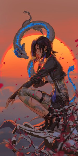 Anime picture 2000x3998 with original yi (kiko.l) liang xing single tall image looking at viewer fringe highres short hair black hair red eyes sky cloud (clouds) full body outdoors long sleeves parted lips profile multicolored hair lips