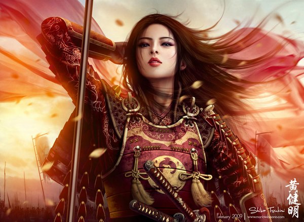Anime picture 1000x731 with legend of the five rings shiba tsukimi mario wibisono (raynkazuya) long hair blue eyes brown hair sky cloud (clouds) wind lips sunlight realistic hieroglyph evening sunset army girl weapon sword armor