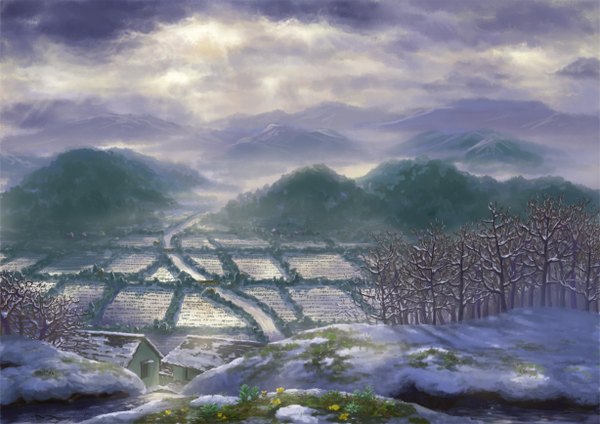 Anime picture 1228x868 with original osaki (pixiv) sky cloud (clouds) light winter snow mountain landscape fog field plant (plants) tree (trees) forest house rice paddy