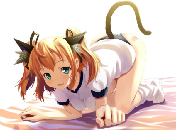 Anime picture 1358x1004 with kaitou tenshi twin angel twin angel minazuki haruka (twin angel) wadapen light erotic brown hair twintails green eyes animal ears tail cat girl on all fours girl uniform gym uniform