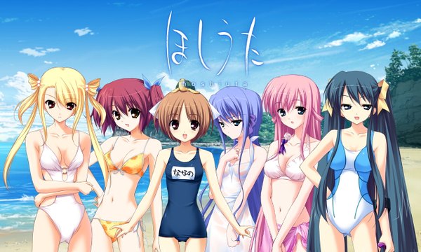 Anime picture 1280x768 with hoshiuta kinoshita midori kuroda yui amamiya kurara fumio (ura fmo) light erotic wide image beach swimsuit bikini one-piece swimsuit school swimsuit tagme