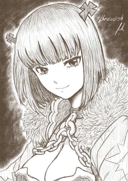 Anime picture 827x1169 with fairy tail brandish mu yamashirofuso single tall image looking at viewer fringe short hair breasts light erotic large breasts cleavage blunt bangs head tilt light smile fur trim character names monochrome portrait traditional media