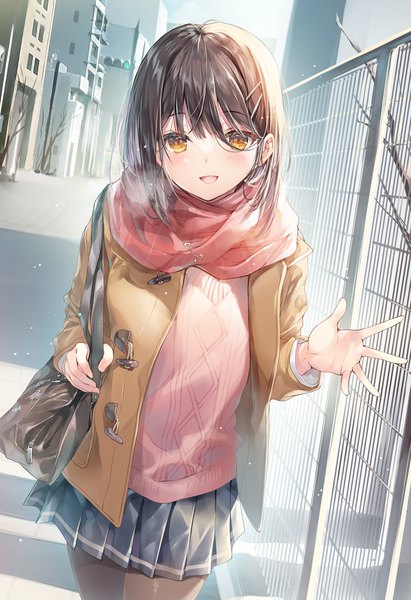 Anime picture 891x1300 with original miwabe sakura single long hair tall image looking at viewer blush fringe open mouth smile hair between eyes brown hair standing yellow eyes outdoors :d pleated skirt open clothes exhalation girl