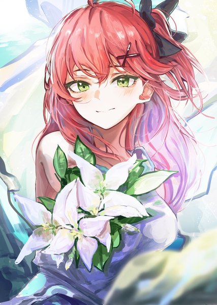 Anime picture 1458x2048 with virtual youtuber hololive sakura miko blanc (whit blanc) single long hair tall image fringe hair between eyes green eyes upper body ahoge red hair light smile one side up girl hair ornament flower (flowers) x hair ornament lily (flower)