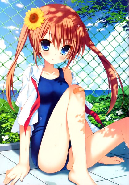 Anime picture 2500x3586 with original nanaka mai single long hair tall image looking at viewer blush highres blue eyes light erotic sitting twintails red hair hair flower girl hair ornament swimsuit serafuku