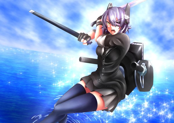 Anime picture 4093x2894 with kantai collection tenryuu light cruiser single highres short hair open mouth yellow eyes absurdres sky purple hair cloud (clouds) girl thighhighs skirt weapon black thighhighs sword water sea katana