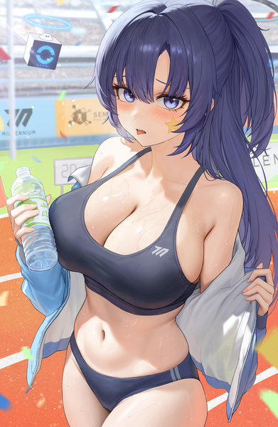 Anime picture 3347x5137 with blue archive yuuka (blue archive) yuuka (gym uniform) (blue archive) heine (haloo1101) single long hair tall image looking at viewer blush fringe highres breasts blue eyes light erotic hair between eyes large breasts standing bare shoulders blue hair absurdres