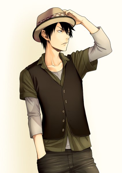 Anime picture 600x850 with yowamushi pedal arakita yasutomo chimachi single tall image fringe short hair black hair simple background hair between eyes white background looking away parted lips black eyes hand on head hand in pocket casual boy hat vest