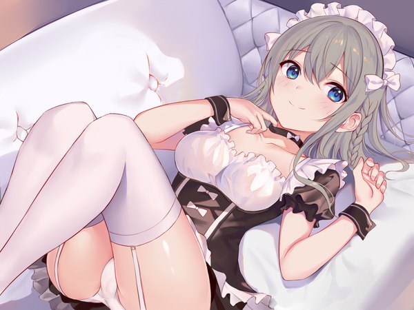 Anime picture 2400x1800 with original nagiha kuten single long hair looking at viewer blush fringe highres breasts blue eyes light erotic smile hair between eyes payot bent knee (knees) ass indoors lying braid (braids) from above