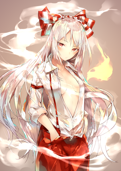 Anime picture 1254x1770 with touhou fujiwara no mokou sakusyo single long hair tall image looking at viewer blush fringe breasts light erotic simple background red eyes payot silver hair steam partially open clothes hands in pockets brown background unbuttoned