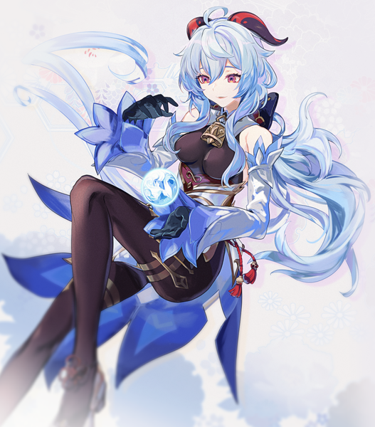 Anime picture 1230x1400 with genshin impact ganyu (genshin impact) rererenoren single long hair tall image fringe breasts open mouth light erotic smile hair between eyes large breasts purple eyes payot blue hair full body ahoge bent knee (knees) traditional clothes