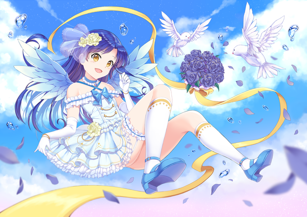 Anime picture 3508x2480 with idolmaster kisaragi chihaya chobi (penguin paradise) single long hair highres open mouth yellow eyes blue hair absurdres sky cloud (clouds) girl dress gloves flower (flowers) ribbon (ribbons) petals socks elbow gloves