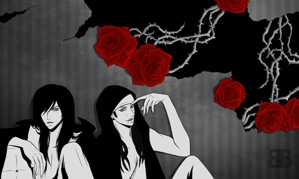 Anime picture 1800x1080 with original cubur (artist) long hair looking at viewer fringe highres black hair wide image sitting looking away mole open clothes open jacket scar boy earrings hairband rose (roses) hood thorns