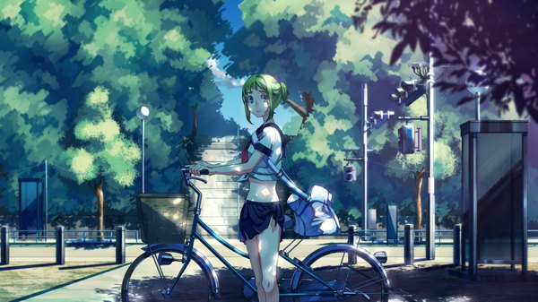 Anime picture 3840x2160 with vocaloid gumi no.734 single looking at viewer fringe highres short hair wide image holding green eyes absurdres sky cloud (clouds) ponytail pleated skirt bare belly shadow alternate costume alternate hairstyle