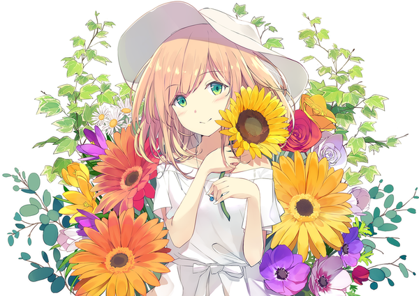 Anime picture 1200x850 with original sutorora single long hair looking at viewer blush fringe blonde hair simple background smile white background bare shoulders holding aqua eyes light smile girl dress flower (flowers) plant (plants) hat