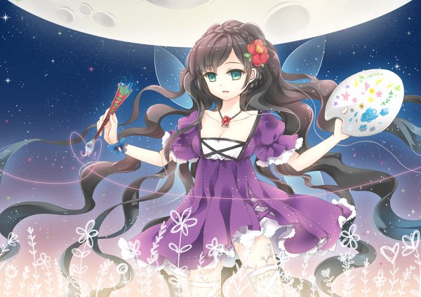 Anime picture 1200x848 with original ceru single long hair black hair green eyes hair flower girl dress hair ornament flower (flowers) wings star (stars)