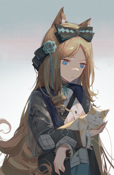 Anime picture 1000x1537 with arknights iris (arknights) dawder single long hair tall image blue eyes simple background blonde hair animal ears upper body cat ears gradient background drill hair looking down girl bow hair bow animal cat