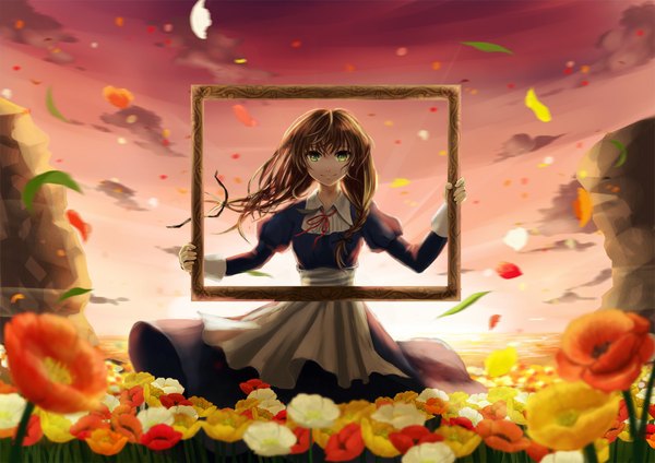 Anime picture 1132x800 with original nora (le-chat-noir) single long hair smile brown hair green eyes rock field empty picture frame girl dress flower (flowers) petals apron picture frame