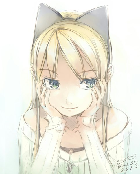 Anime picture 1544x1912 with original ycums (artist) single long hair tall image highres simple background blonde hair white background bare shoulders green eyes looking away light smile hand on cheek girl dress ribbon (ribbons) hairband