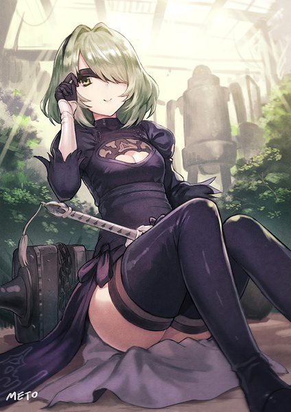 Anime picture 700x990 with idolmaster idolmaster cinderella girls nier nier:automata yorha no. 2 type b takagaki kaede meto31 single tall image looking at viewer short hair light erotic smile brown hair sitting green eyes signed cleavage bent knee (knees) sunlight