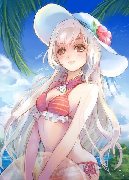 Anime-Bild 794x1100 mit original a.tong single long hair tall image looking at viewer light erotic smile brown eyes signed sky cloud (clouds) upper body outdoors white hair transparent girl swimsuit hat bikini