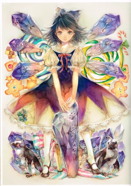 Anime picture 4819x6874 with touhou cirno yogisya single tall image looking at viewer fringe highres short hair black hair smile absurdres full body ahoge black eyes scan puffy sleeves girl bow hair bow