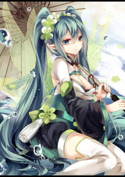 Anime picture 700x996 with vocaloid hatsune miku shouen kigashi single tall image fringe breasts twintails looking away cleavage very long hair nail polish aqua eyes fingernails pointy ears aqua hair wide sleeves alternate costume insect wings butterfly wings