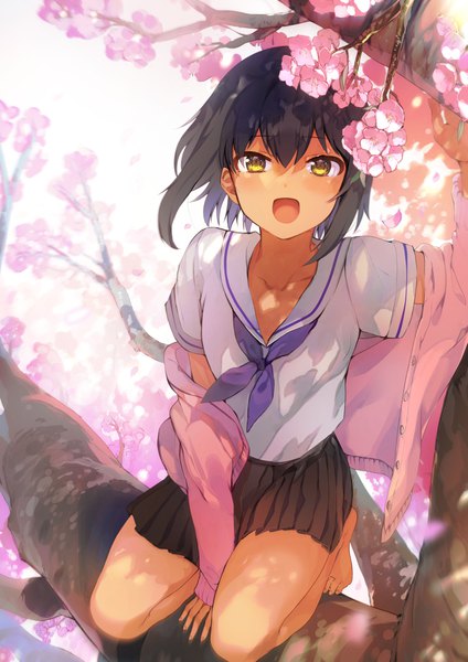 Anime picture 2894x4093 with original konbu wakame single tall image looking at viewer blush fringe highres short hair open mouth black hair hair between eyes sitting yellow eyes full body :d pleated skirt barefoot bare legs cherry blossoms
