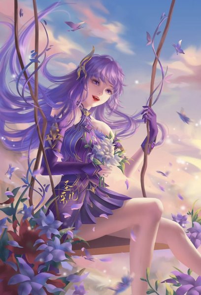 Anime picture 736x1082 with shen yin wang zuo sheng cai'er single long hair tall image fringe breasts open mouth smile sitting purple eyes bare shoulders looking away sky purple hair cloud (clouds) bent knee (knees) outdoors :d wind