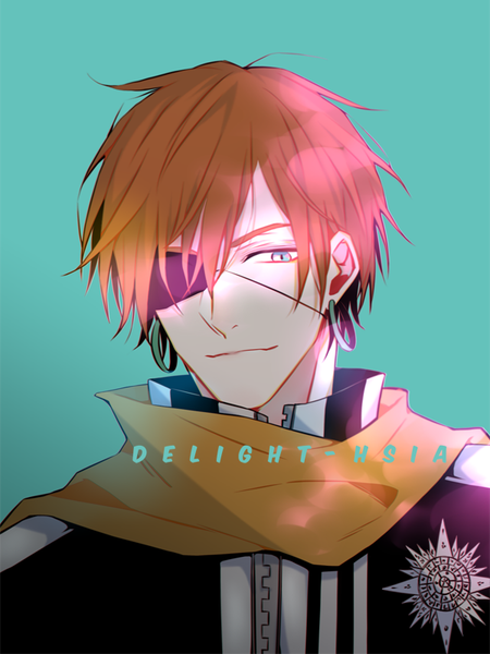 Anime picture 600x800 with d.gray-man lavi delight hsia single tall image looking at viewer fringe short hair blue eyes simple background hair between eyes signed upper body light smile orange hair inscription portrait green background boy uniform