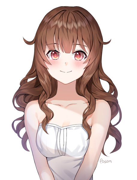 Anime picture 800x1050 with original posom single long hair tall image looking at viewer blush simple background smile red eyes brown hair white background bare shoulders signed upper body wavy hair girl