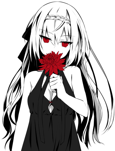 Anime picture 810x1063 with original nagishiro mito single long hair tall image looking at viewer fringe breasts simple background hair between eyes red eyes standing white background bare shoulders holding upper body braid (braids) head tilt monochrome spot color