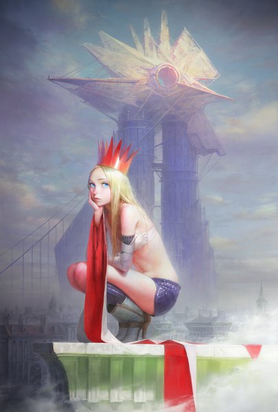 Anime picture 1297x1920 with original arata yokoyama single long hair tall image blue eyes light erotic blonde hair sky cloud (clouds) bent knee (knees) outdoors lips realistic squat girl shorts boots armor building (buildings)