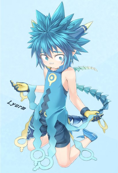 Anime picture 826x1206 with summon night lyurm (summon night) ell single tall image blush short hair blue eyes simple background blue hair tail pointy ears blue background bandaid on nose boy gloves navel shorts bandaid clothes