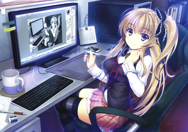 Anime picture 3300x2329 with original eshi 100-nin ten tanukou single long hair looking at viewer highres blonde hair smile sitting purple eyes twintails absurdres ponytail indoors scan headphones around neck girl thighhighs ribbon (ribbons)