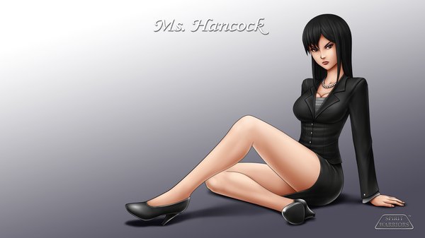 Anime picture 4409x2480 with spirit warriors (comics) ms. hancock moemichan single long hair highres black hair simple background wide image signed absurdres black eyes inscription grey background copyright name character names girl skirt miniskirt suit