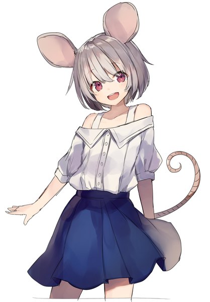 Anime picture 800x1149 with original shugao single tall image looking at viewer blush fringe short hair open mouth simple background smile hair between eyes white background bare shoulders animal ears tail head tilt :d animal tail pink eyes