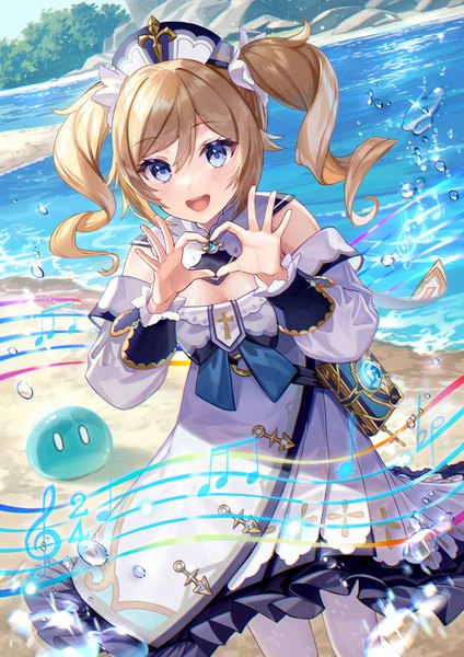 Anime picture 1414x2000 with genshin impact barbara (genshin impact) slime (genshin impact) maica sunahara single long hair tall image fringe open mouth blue eyes blonde hair hair between eyes twintails outdoors :d leaning leaning forward drill hair river heart hands