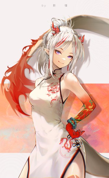 Anime picture 2201x3580 with arknights nian (arknights) nian (unfettered freedom) (arknights) vuvkhkgi single tall image highres short hair smile purple eyes silver hair ponytail tail traditional clothes multicolored hair pointy ears streaked hair official alternate costume chinese clothes side slit