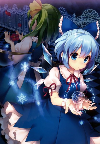 Anime picture 2436x3500 with touhou cirno daiyousei masaru.jp tall image fringe highres short hair blue eyes hair between eyes multiple girls blue hair green hair scan girl dress flower (flowers) bow 2 girls hair bow