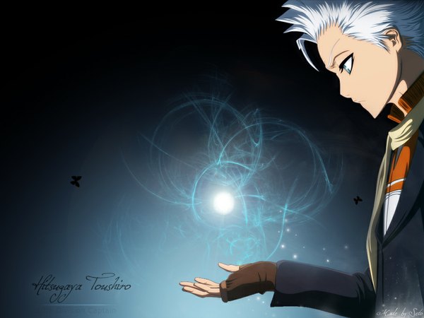 Anime picture 1024x768 with bleach studio pierrot hitsugaya toushirou single silver hair profile aqua eyes inscription sparkle alternate costume character names glowing third-party edit boy scarf fingerless gloves insect butterfly