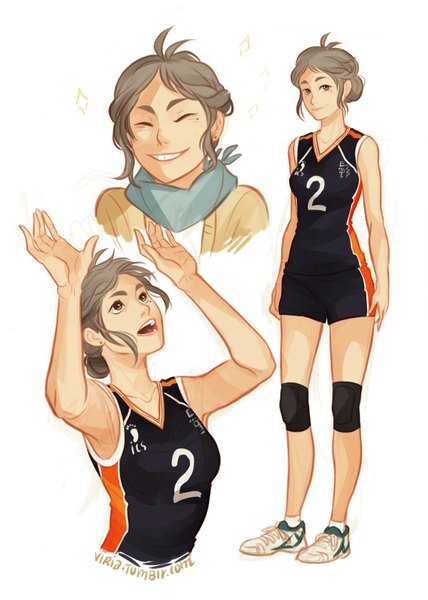 Anime-Bild 1153x1616 mit haikyuu!! production i.g sugawara koushi viria13 tall image short hair simple background smile standing white background brown eyes grey hair mole mole under eye grin portrait genderswap multiple persona girl uniform