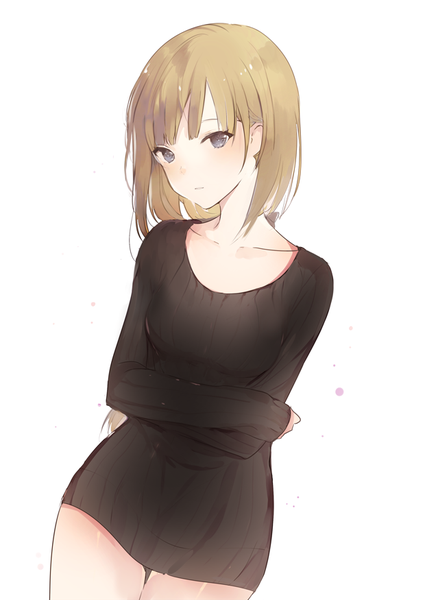 Anime picture 620x875 with original lpip single long hair tall image looking at viewer blush simple background blonde hair white background upper body long sleeves head tilt grey eyes crossed arms girl dress short dress sweater dress