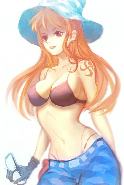 Anime picture 538x800 with one piece toei animation nami (one piece) an ri single long hair tall image fringe breasts light erotic simple background large breasts standing white background bare shoulders holding brown eyes looking away cleavage parted lips