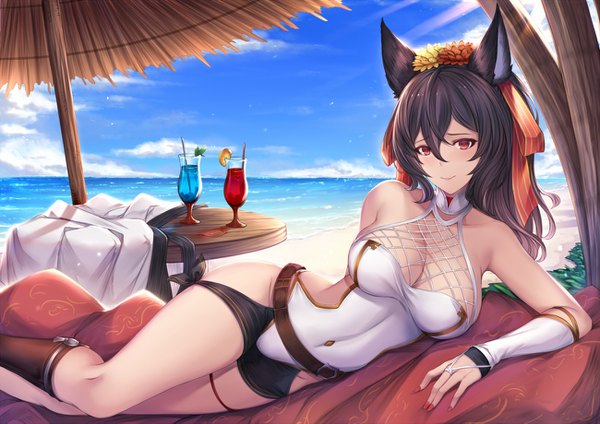 Anime picture 1300x919 with granblue fantasy ilsa (granblue fantasy) pak ce single long hair looking at viewer blush fringe breasts light erotic black hair hair between eyes red eyes large breasts bare shoulders animal ears sky cleavage cloud (clouds) outdoors