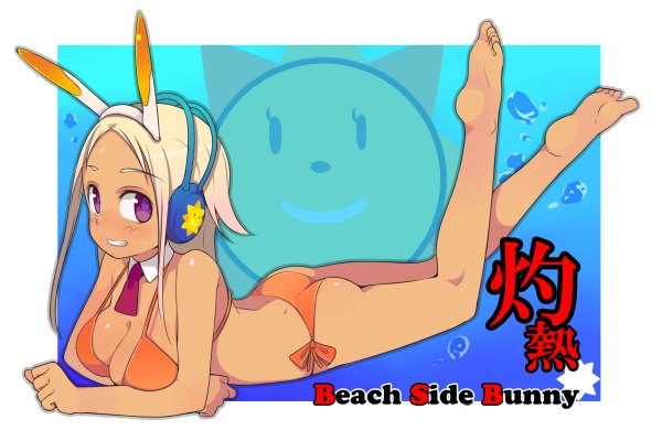 Anime picture 2400x1600 with oza watto single long hair blush highres breasts light erotic blonde hair smile purple eyes bare shoulders animal ears ass lying barefoot inscription bunny ears hieroglyph soles on stomach