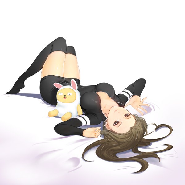 Anime picture 5511x5511 with original hpb8642 single long hair looking at viewer highres breasts light erotic simple background smile brown hair white background brown eyes absurdres cleavage full body lying long sleeves on back no shoes