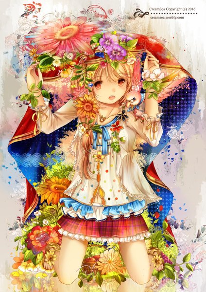Anime picture 724x1024 with original creamsea single long hair tall image open mouth blonde hair brown eyes hair flower girl dress hair ornament flower (flowers) plant (plants)