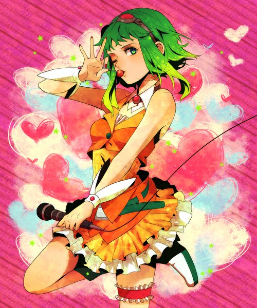 Anime picture 1000x1200 with vocaloid gumi tim (tim411) single tall image looking at viewer fringe short hair standing bare shoulders holding green eyes bent knee (knees) nail polish pleated skirt one eye closed fingernails green hair wink standing on one leg