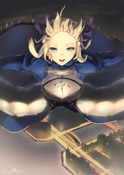 Anime-Bild 2000x2800 mit fate (series) fate/stay night type-moon artoria pendragon (all) saber bbayu single tall image looking at viewer blush fringe highres short hair open mouth blue eyes blonde hair smile signed wind flying